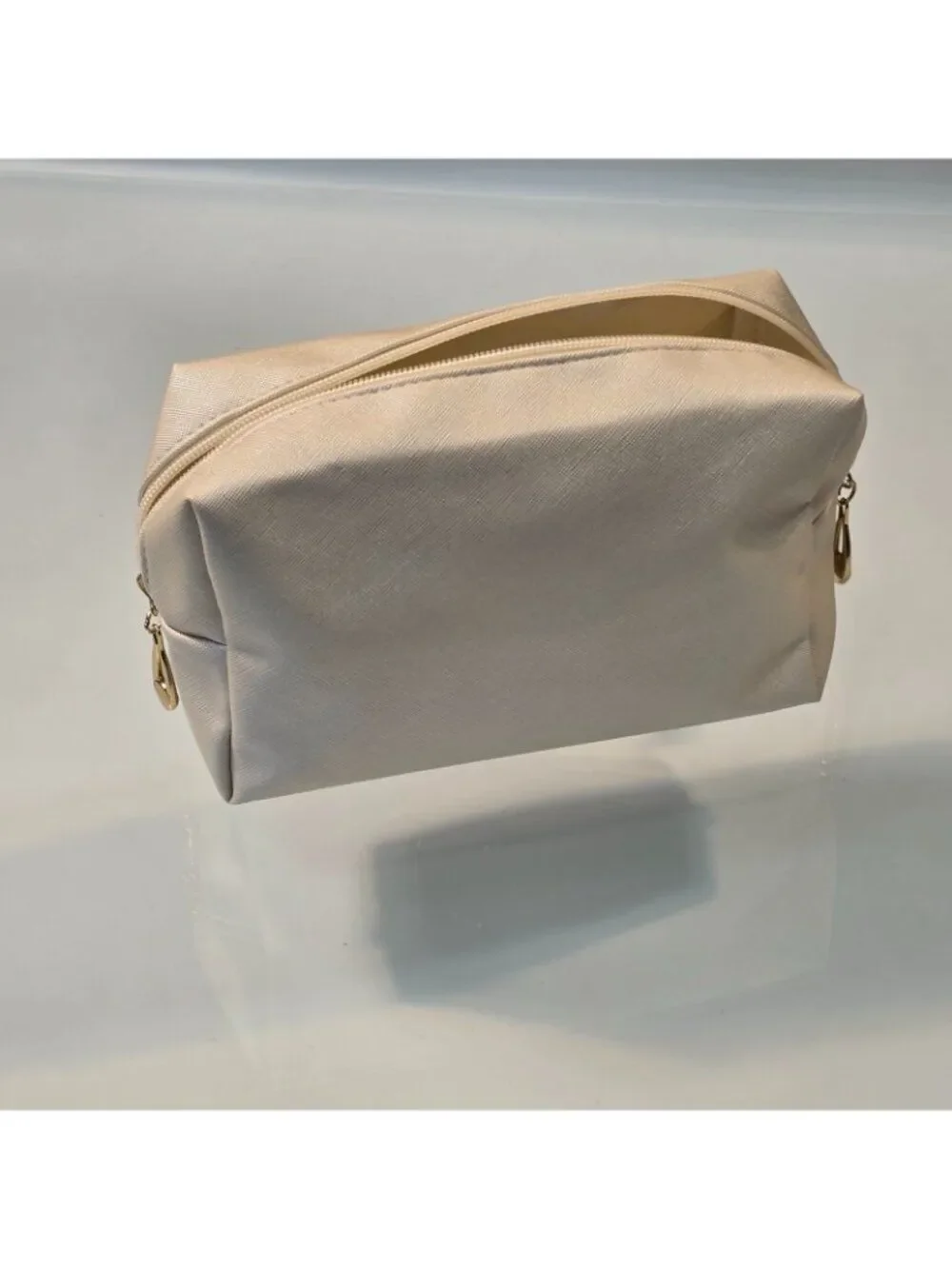 Waterproof PU Leather Beige Case Travel Makeup Bag 2 Gold-Toned Zipper Pulls